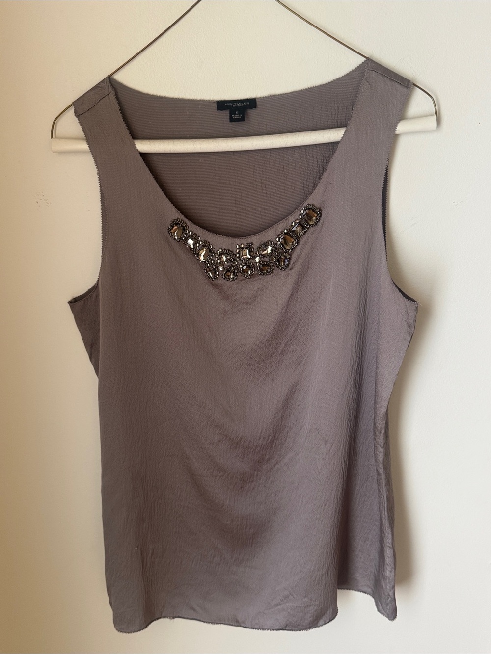 Ann Taylor 100% Silk Embellished Neckline Tank Top Taupe Grey Size S